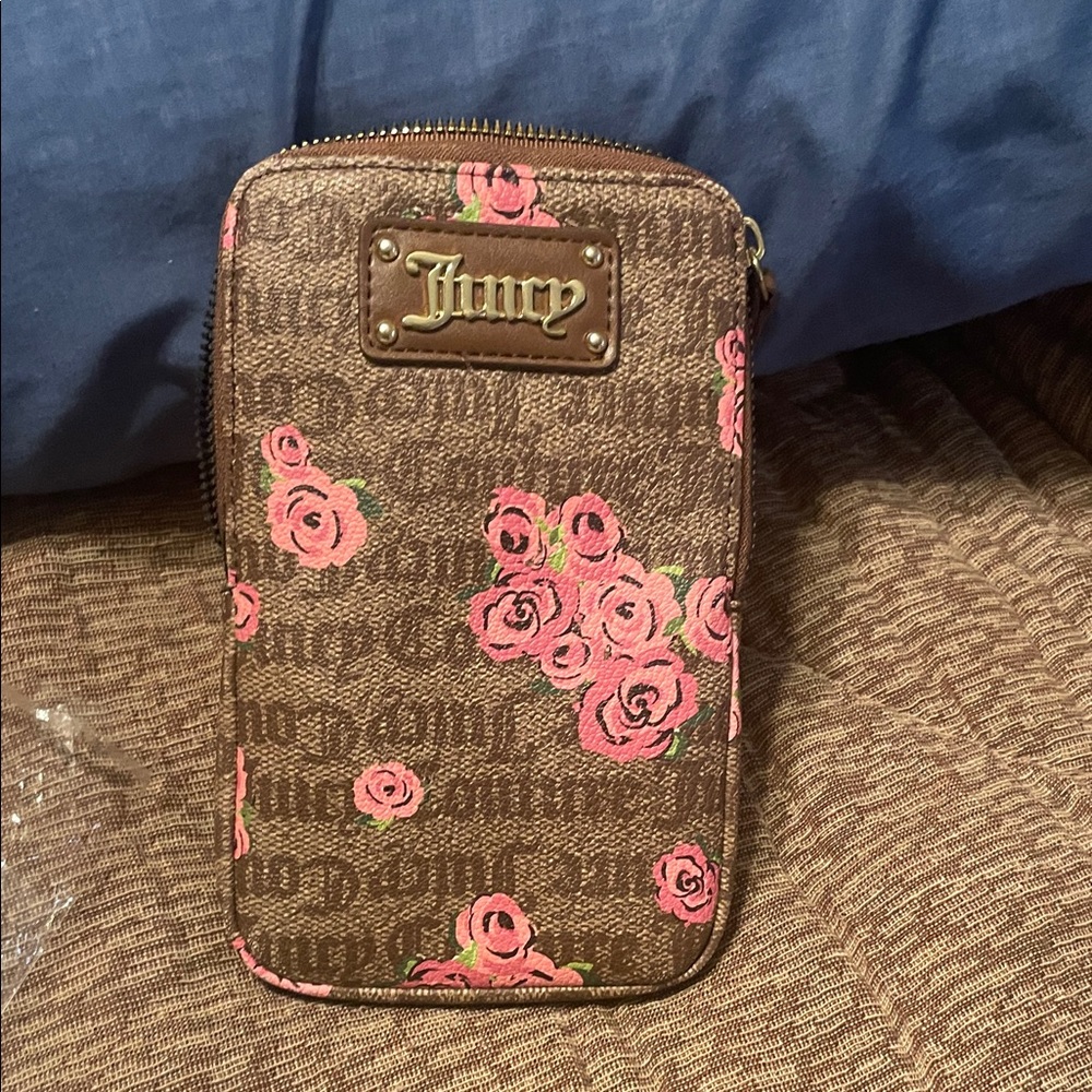 Juicy Couture Brown Mini Crossbody Phone Pouch with Pink Rose Print